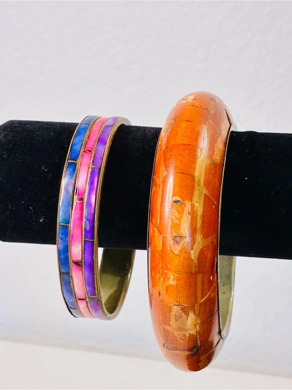 Bold Orange Mosaic Inlay Bangle Bracelet Dyed Mother Of Pearl Blue Pink & Purple